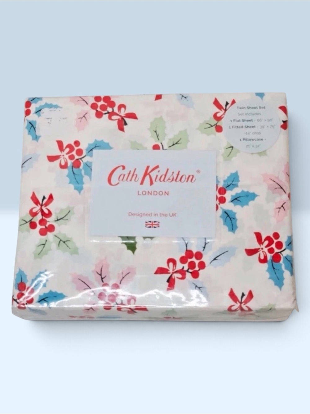 CHRISTMAS HOLLY Cath Kidston TWIN Set Red Berries Bows Blue Green Pink Leaves